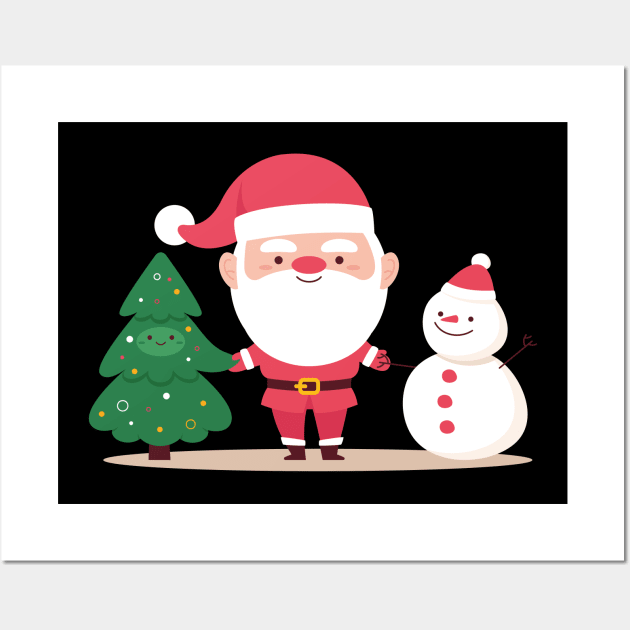 Santa Claus and Snowman and Christmas Tree Holding Hands with Happy faces Wall Art by benayache